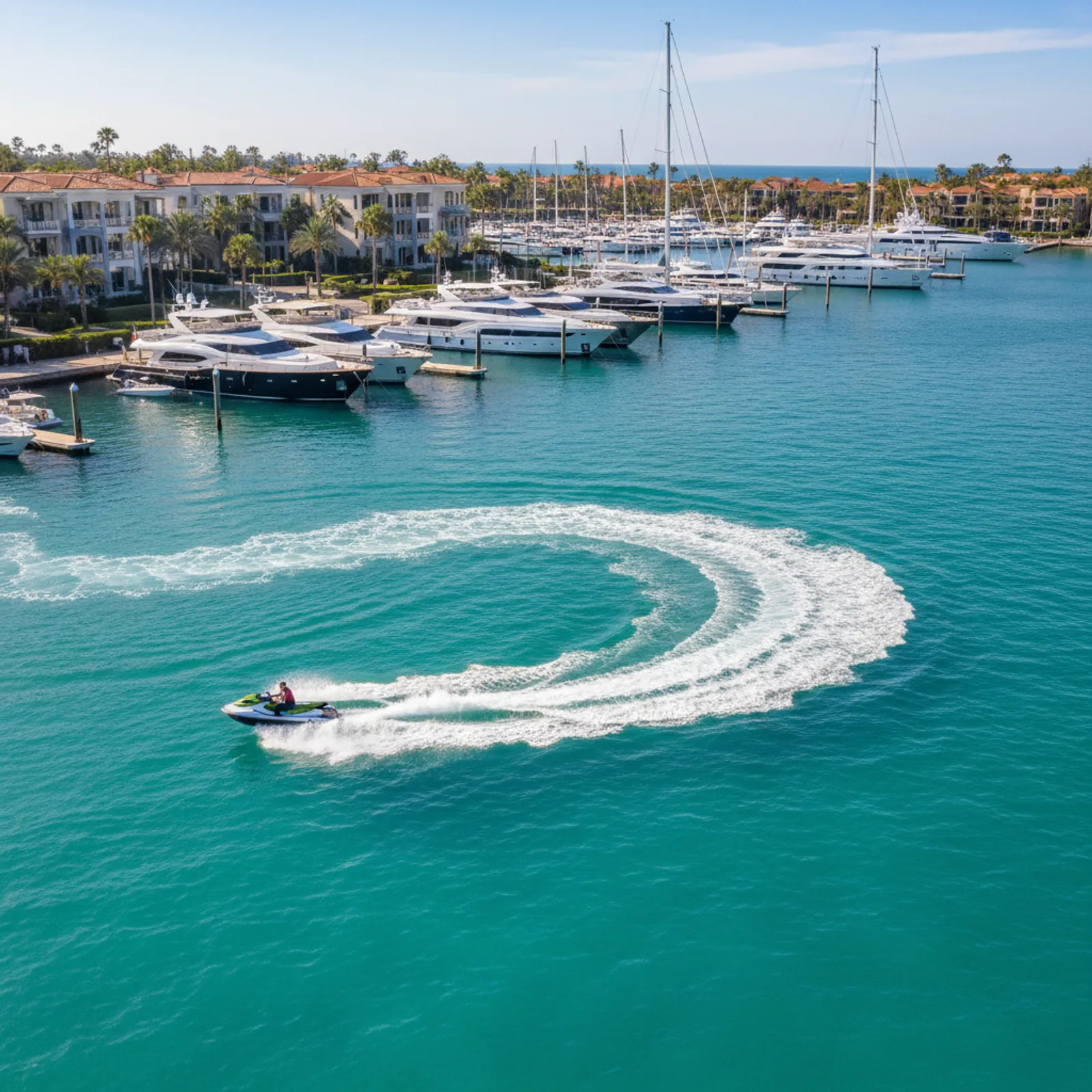 Jet ski navegando próximo a uma marina